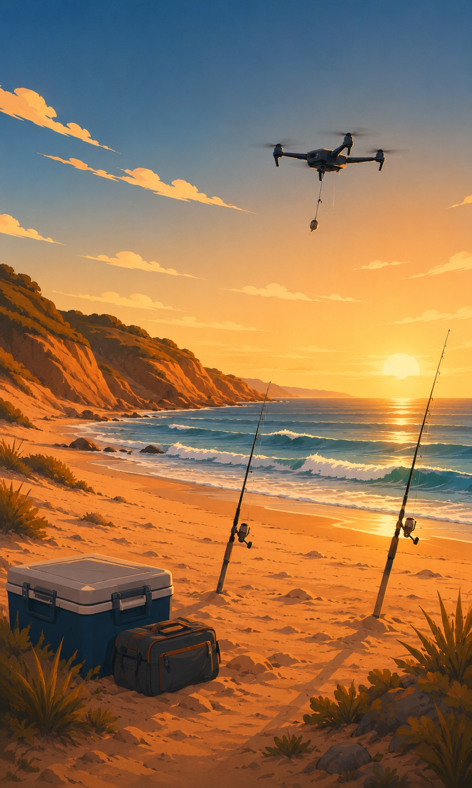 Drone hovering above the surf at sunset with rods set up on the sand