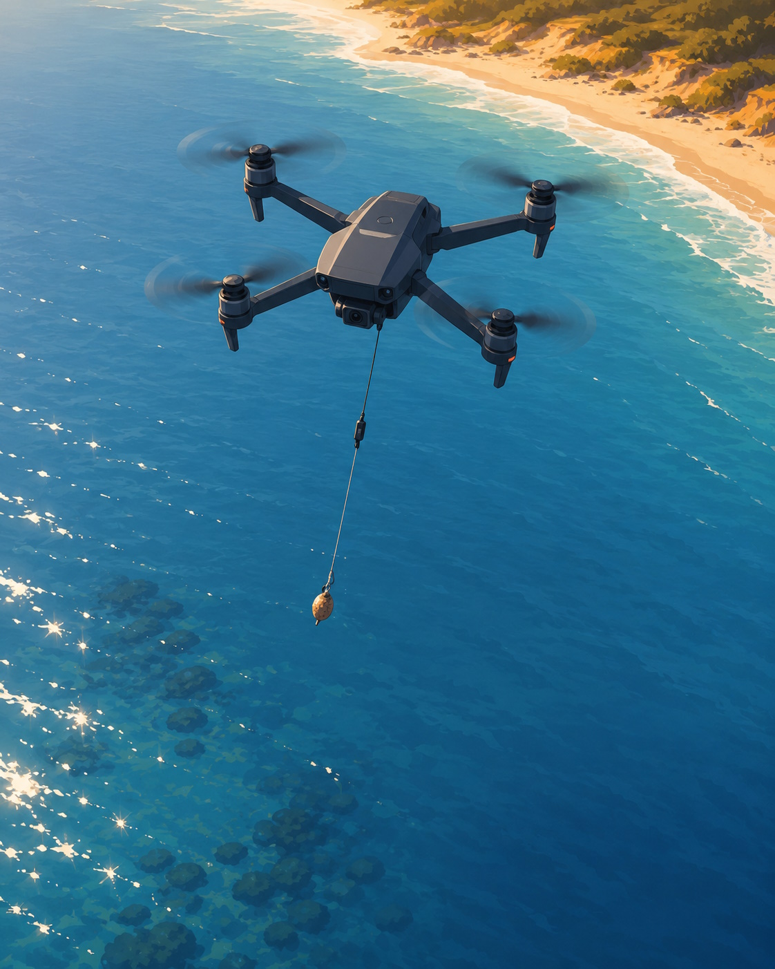 Drone carrying bait out above clear blue water